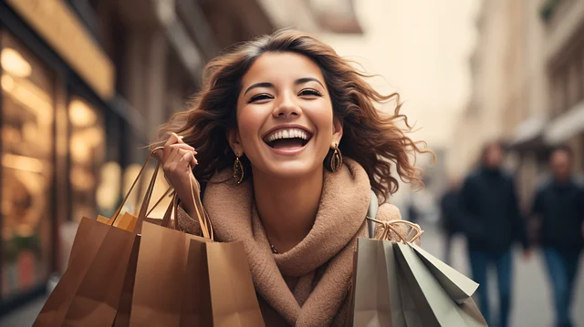 Tu compra es segura. Tu transformación, inminente. Mujer sonriendo ampliamente mientras camina por una calle con bolsas de compras, simbolizando la alegría, libertad y confianza al hacer una compra segura y transformadora con el ebook ‘21 Días de Poder Personal